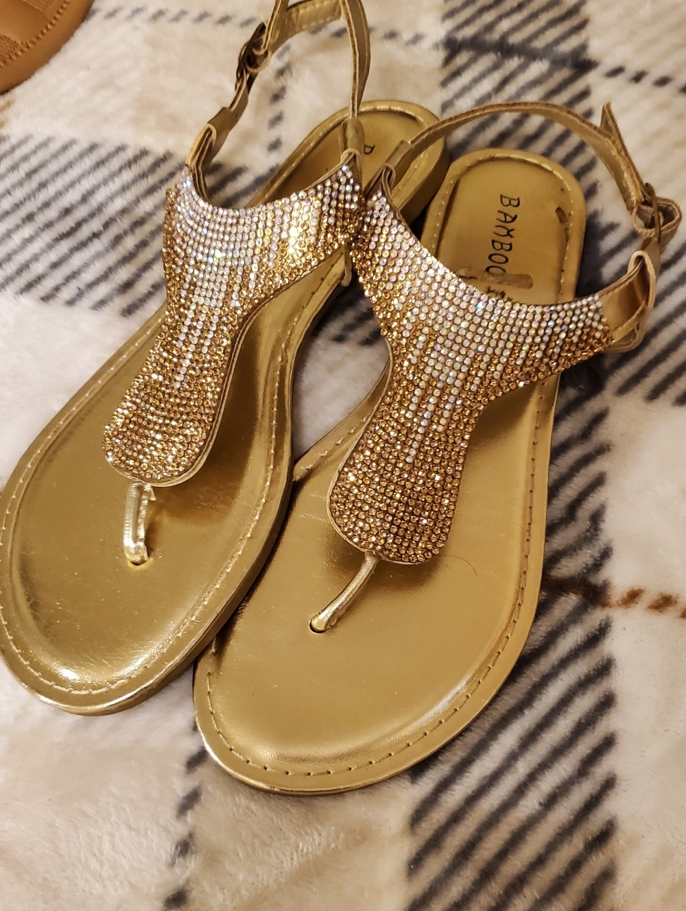 BAMBOO Gold Rhinestone T-Strap Slingback Sandals